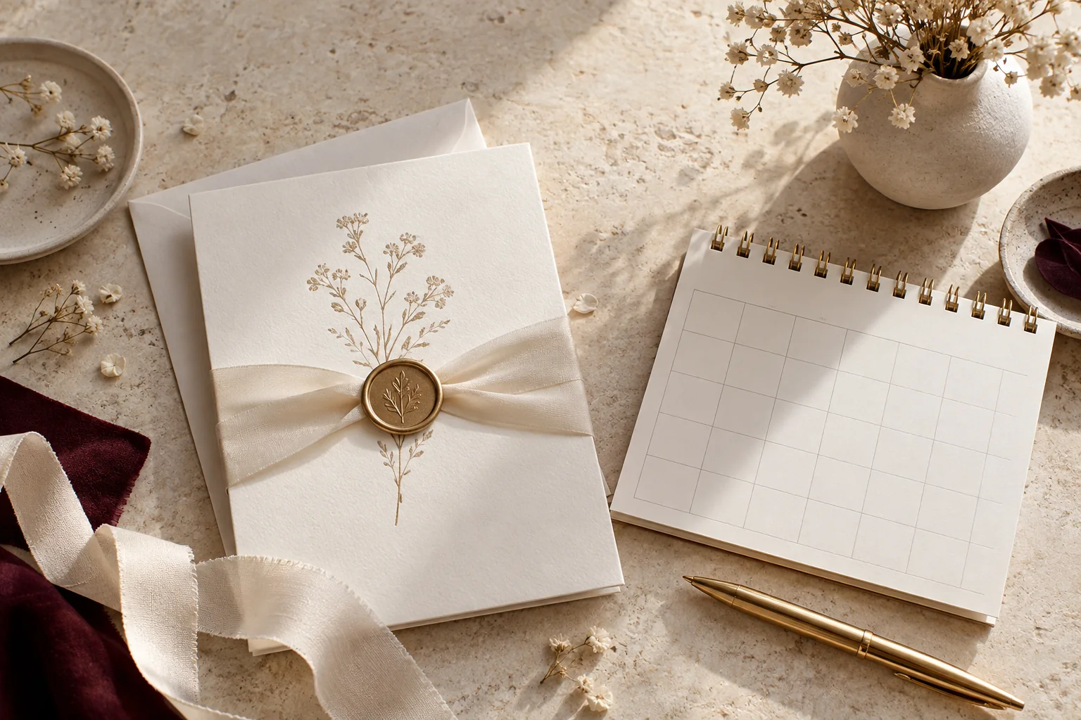Faire-part ivoire, calendrier vierge, ruban et stylo doré pour organiser un mariage en 2027