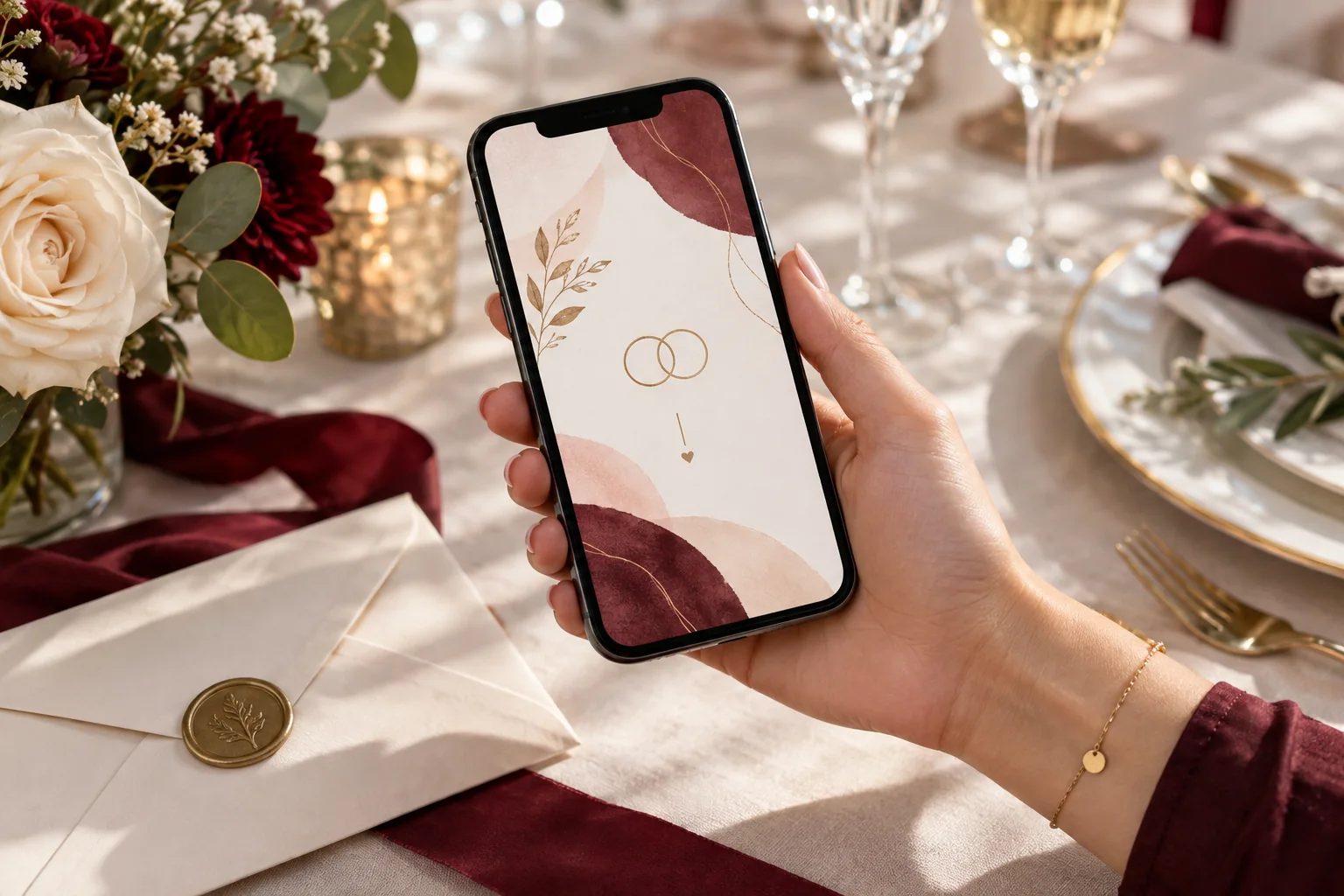 Invitation de mariage digitale affichée sur un smartphone près d'une enveloppe ivoire