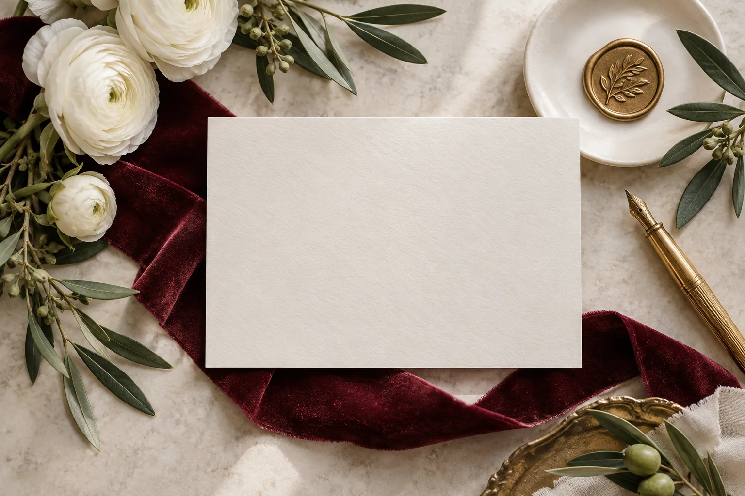 Carte Save the Date ivoire avec ruban grenat, sceau doré et fleurs blanches